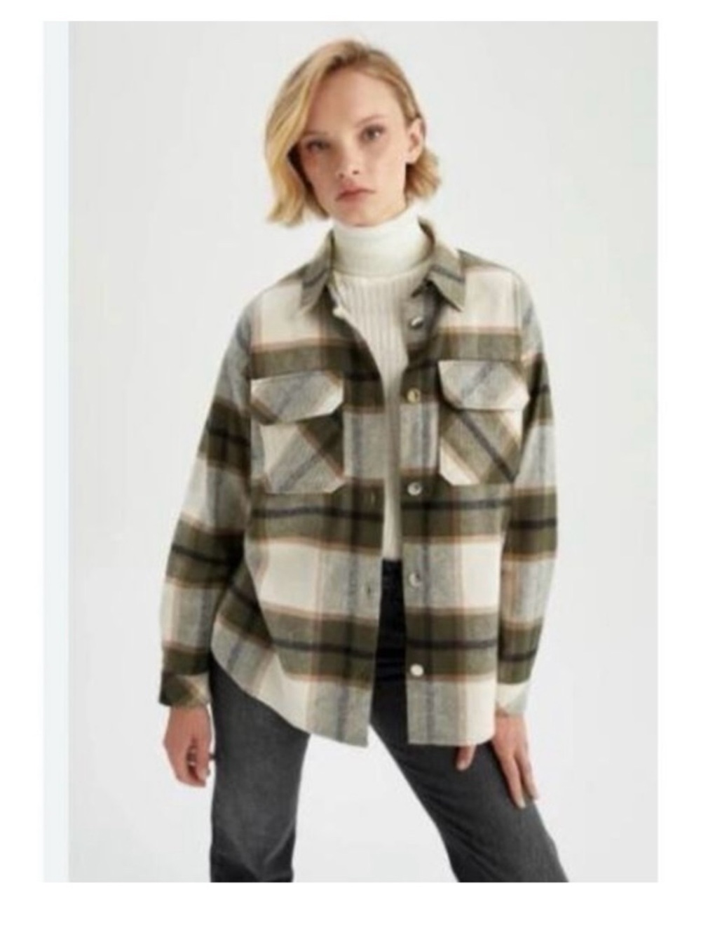 Zara Olive Green, Cream & Black Plaid Shacket